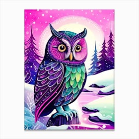 Pink Owl Snowy Landscape Painting (100) Canvas Print