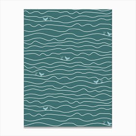 Wavy Ocean Lines with Hidden Whales Teal Blue White Canvas Print