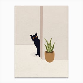 Minimal art of cat between pot and door Canvas Print