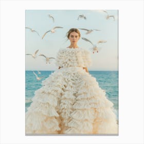 "Captivating Beach Portrait: Woman and Seagulls" Canvas Print