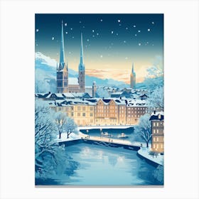 Winter Travel Night Illustration Zurich Switzerland 2 Canvas Print