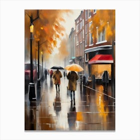 Amsterdam cafes, autumn season, rain, autumn oil colours.Faded colours,People passing on the street, winter clothes, rain umbrellas.11 1 Canvas Print