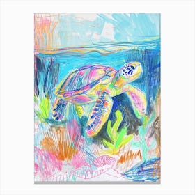 Colourful Sea Turtle Exploring Deep Into The Ocean Crayon Doodle 3 Canvas Print