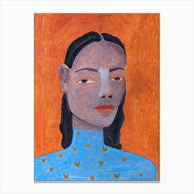Acrylic painting of a woman in a blue sweater on an orange background Canvas Print