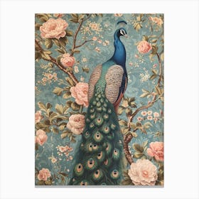 Vintage Floral Peony Pink & Blue Peacock Canvas Print