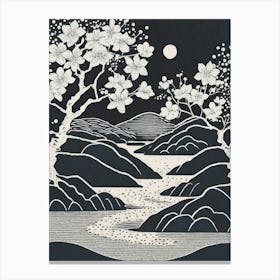 Cherry Blossoms In Full Bloom By A Gentle Stream Ukiyo-E Style Canvas Print