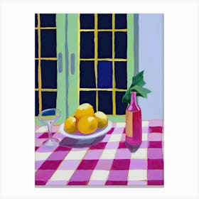 Lemons On Checkered Table, Magenta Tones, Frenchch Riviera In Matisse Style  Canvas Print