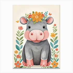 Floral Baby Hippo Nursery Illustration (57) Canvas Print