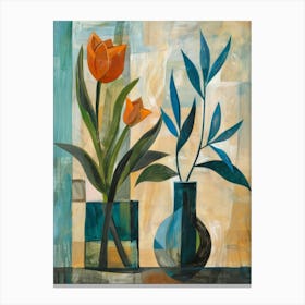 Orange Tulips In Blue Vases Canvas Print