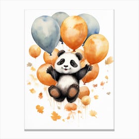 Panda Flying With Autumn Fall Pumpkins And Balloons Watercolour Nursery 1 Canvas Print