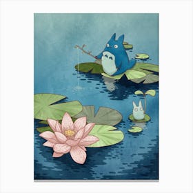 Chibi Totoro Fishing in the Pond - Anime Vintage Ukiyo-e art Canvas Print