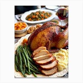 An Inviting Traditional Thanksgiving Feast Is Spread Out Highlighting A Tenderly Roasted Turkey Wit (7) Canvas Print