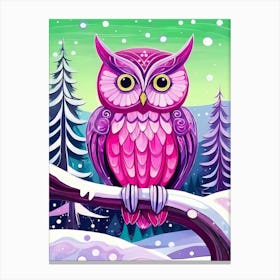 Pink Owl Snowy Landscape Painting (94) Canvas Print