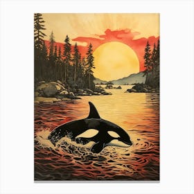 Orca Whale Swiming With Sunset Red Canvas Print