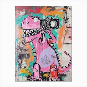 Dinosaur Taking A Photo Pink Graffiti Brushstroke Canvas Print