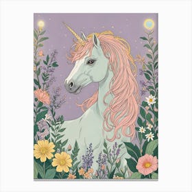 Pink Hair Unicorn In The Meadow Canvas Print