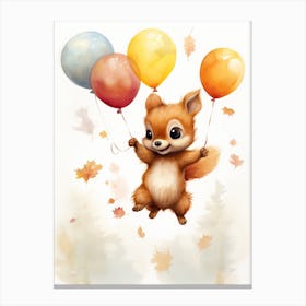 Squirrel Flying With Autumn Fall Pumpkins And Balloons Watercolour Nursery 4 Canvas Print
