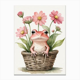 Cute Pink Frog In A Floral Basket (6) Canvas Print