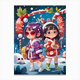 Two Girls In Christmas Outfits Canvas Print