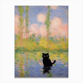Black Cat And A Monet Inspired Landscape 1 Canvas Print