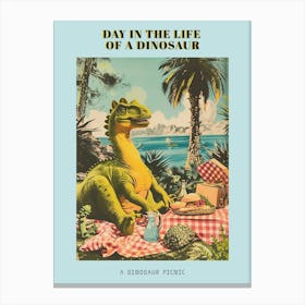 Dinosaur Having A Picnic Retro Collage 1 Poster Canvas Print