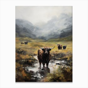 Cloudy Impressionism Style Painting Of Highland Cattle 2 Canvas Print