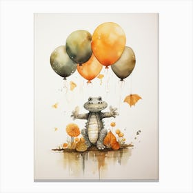 Alligator Flying With Autumn Fall Pumpkins And Balloons Watercolour Nursery 1 Canvas Print