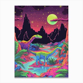 Neon Dinosaur At Night In Jurassic Landscape 4 Canvas Print