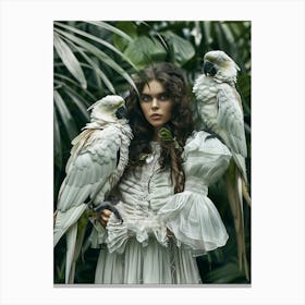 Woman With Parrots in jungle Canvas Print