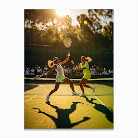 Tennis Match Captured In Natural Light Dynamic Action Shot Players Poised Mid Strike Sun Casting (3) Canvas Print