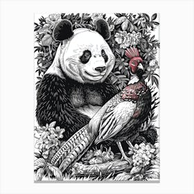 Giant Panda And A Blood Pheasant Ink Illustration 2 Canvas Print