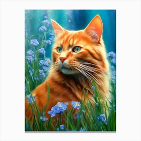 Orange Cat In Blue Flowers Canvas Print