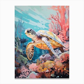 Vivid Turtle In Ocean With Coral & Plants 2 Canvas Print