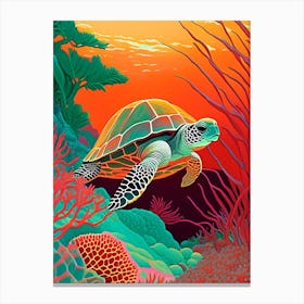 A Single Sea Turtle In Coral Reef, Sea Turtle Retro Illustration 1 Canvas Print