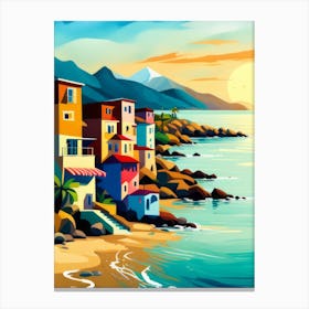 Bold Island Houses On Beachfront Rocks Piled Sunset Summer Inlet Bay Canvas Print