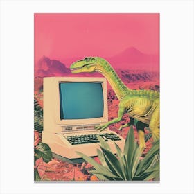 Dinosaur At A Computer Retro Collage 3 Canvas Print