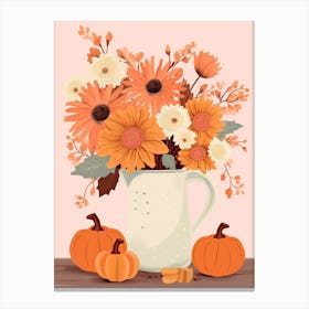 Pitcher With Sunflowers, Atumn Fall Daisies And Pumpking Latte Cute Illustration 0 Canvas Print