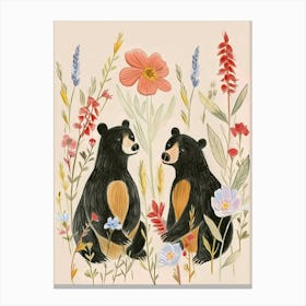 Folksy Floral Animal Drawing Black Bear Canvas Print