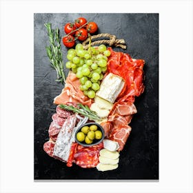 Olives and Italian meat antipasto — Food kitchen poster/blackboard, photo art Canvas Print