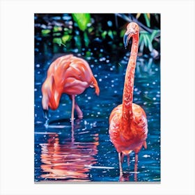 Flamingos in a Tranquil Lagoon. A serene scene of vibrant pink flamingos wading and interacting in a lush, green lagoon surrounded by dense foliage. The water reflects their elegant forms, creating a harmonious connection between nature and wildlife. 1 Canvas Print