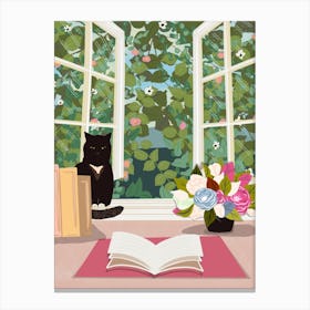 Black Cat And Cottage Window  Canvas Print
