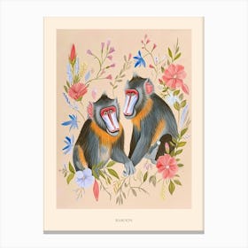 Folksy Floral Animal Drawing Baboon 3 Poster Canvas Print