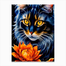 Cat With Lotus Flower Canvas Print