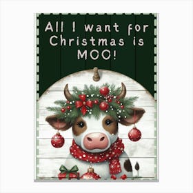 Cute Christmas Cow Forest Green Canvas Print