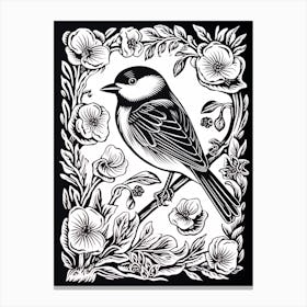 B&W Bird Linocut Carolina Chickadee 1 Canvas Print