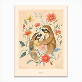 Folksy Floral Animal Drawing Sloth 3 Poster Canvas Print