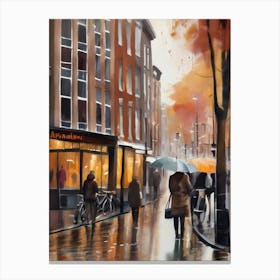 Amsterdam cafes, autumn season, rain, autumn oil colours.Faded colours,People passing on the street, winter clothes, rain umbrellas.5 3 Canvas Print