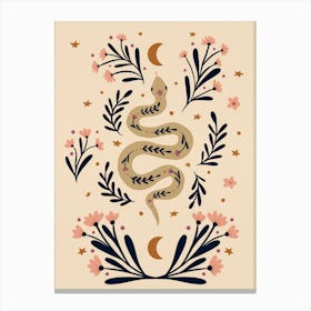 Snakes And Flowers Indigo And Beige Canvas Print