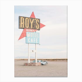 Route 66, USA I Vintage retro neon and American car at Roy's Motel Cafe in the California desert to the minimalist geometric photography pastel summer aesthetic of a travel trip to the West Coast countryside Canvas Print