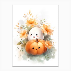 Cute Ghost With Pumpkins Halloween Watercolour 49 Canvas Print